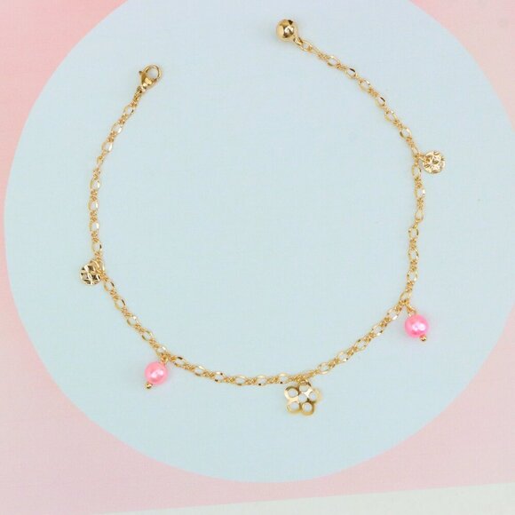 "Rose Gold Anklet with Pink Beads & Flower Charm, XPAL1168 - Picture 3 of 12